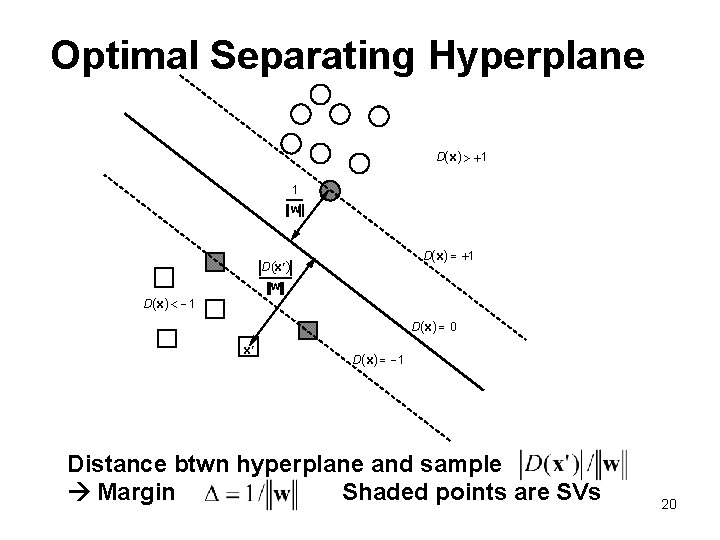 Optimal Separating Hyperplane D( x) > +1 1 w D( x) = +1 D
