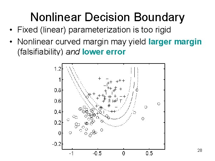 Nonlinear Decision Boundary • Fixed (linear) parameterization is too rigid • Nonlinear curved margin