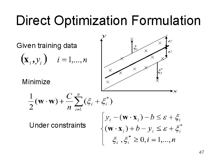 Direct Optimization Formulation Given training data Minimize Under constraints 47 