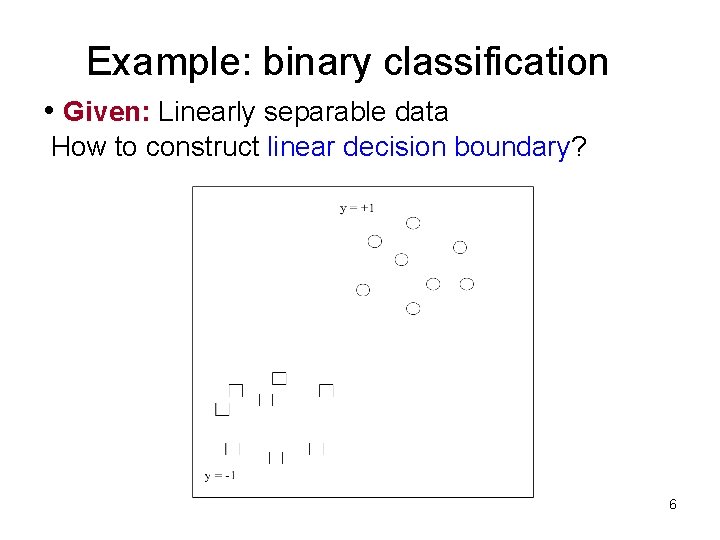 Example: binary classification • Given: Linearly separable data How to construct linear decision boundary?