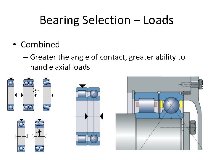 Bearing Selection – Loads • Combined – Greater the angle of contact, greater ability