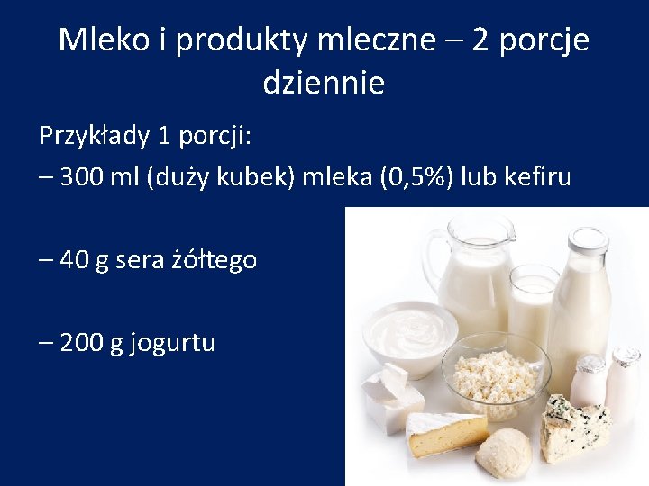 Mleko i produkty mleczne – 2 porcje dziennie Przykłady 1 porcji: – 300 ml