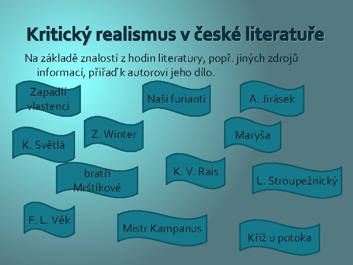 Kritický realismus v české literatuře Na základě znalostí z hodin literatury, popř. jiných zdrojů