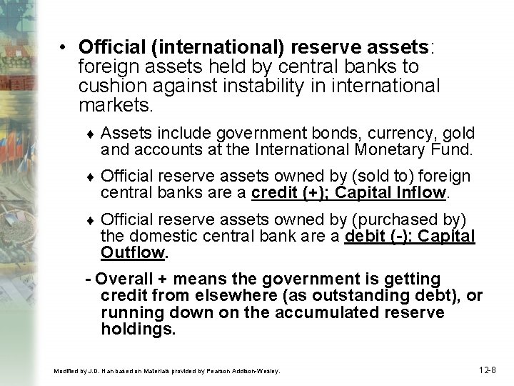  • Official (international) reserve assets: foreign assets held by central banks to cushion