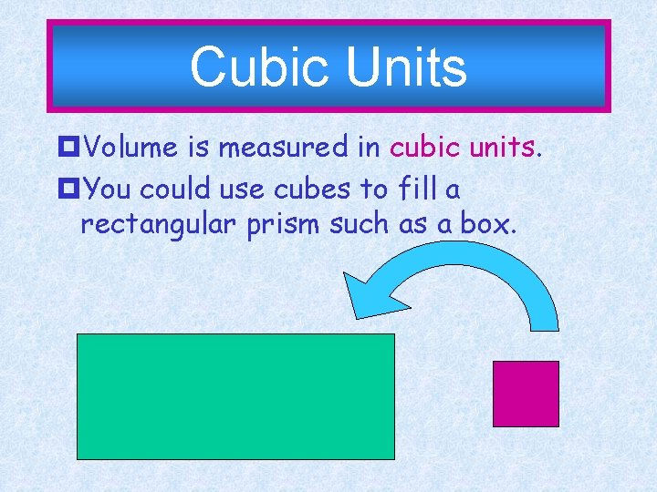 Cubic Units ¤Volume is measured in cubic units. ¤You could use cubes to fill