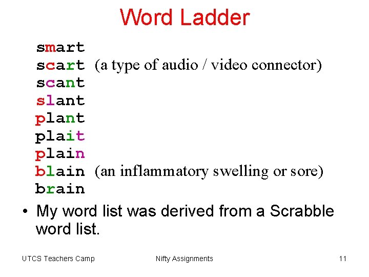 Word Ladder smart scart (a type of audio / video connector) scant slant plait