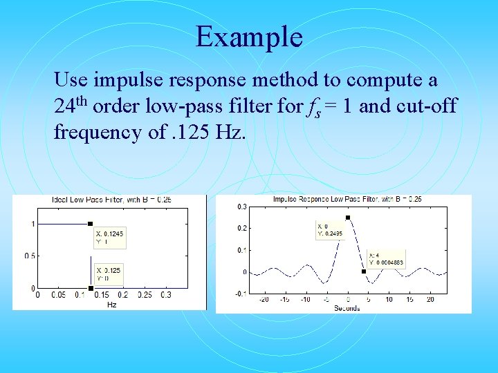 Example Use impulse response method to compute a 24 th order low-pass filter for