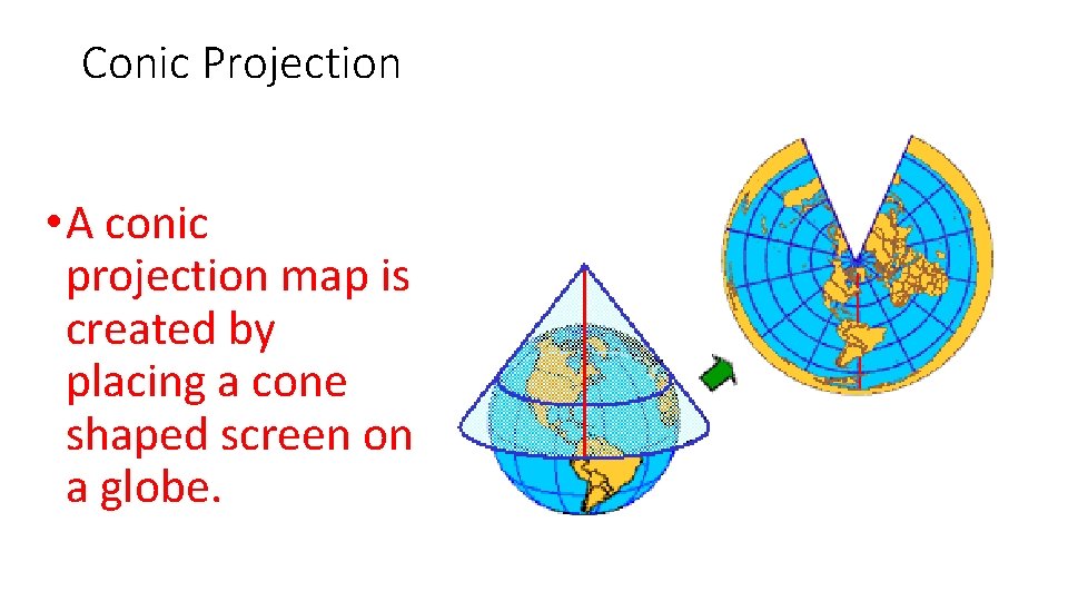Conic Projection • A conic projection map is created by placing a cone shaped