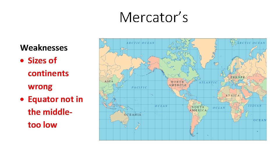 Mercator’s Weaknesses Sizes of continents wrong Equator not in the middletoo low 