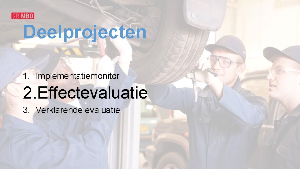 Deelprojecten 1. Implementatiemonitor 2. Effectevaluatie 3. Verklarende evaluatie 