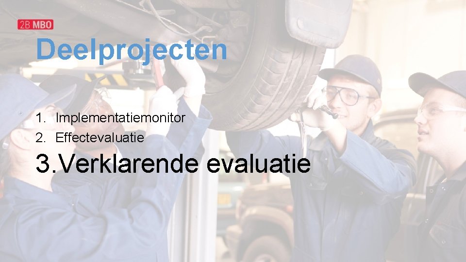 Deelprojecten 1. Implementatiemonitor 2. Effectevaluatie 3. Verklarende evaluatie 