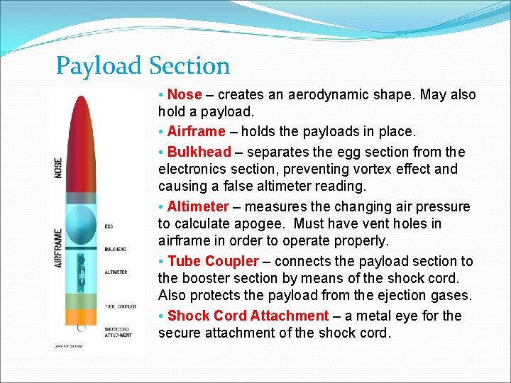 Payload Section • Nose – creates an aerodynamic shape. May also hold a payload.