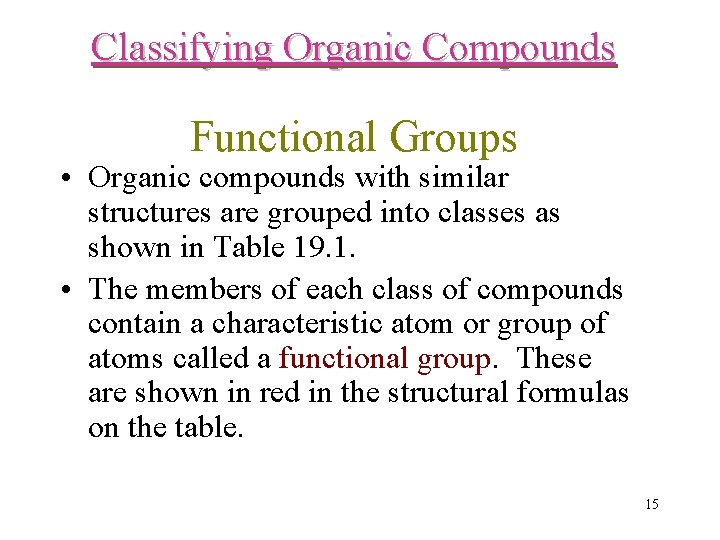 Classifying Organic Compounds Functional Groups • Organic compounds with similar structures are grouped into Classifying Organic Compounds Functional Groups • Organic compounds with similar structures are grouped into