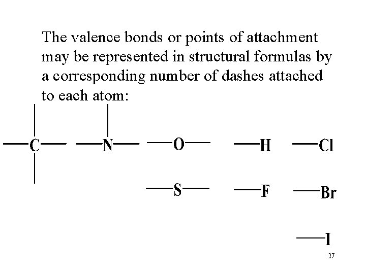 The valence bonds or points of attachment may be represented in structural formulas by The valence bonds or points of attachment may be represented in structural formulas by
