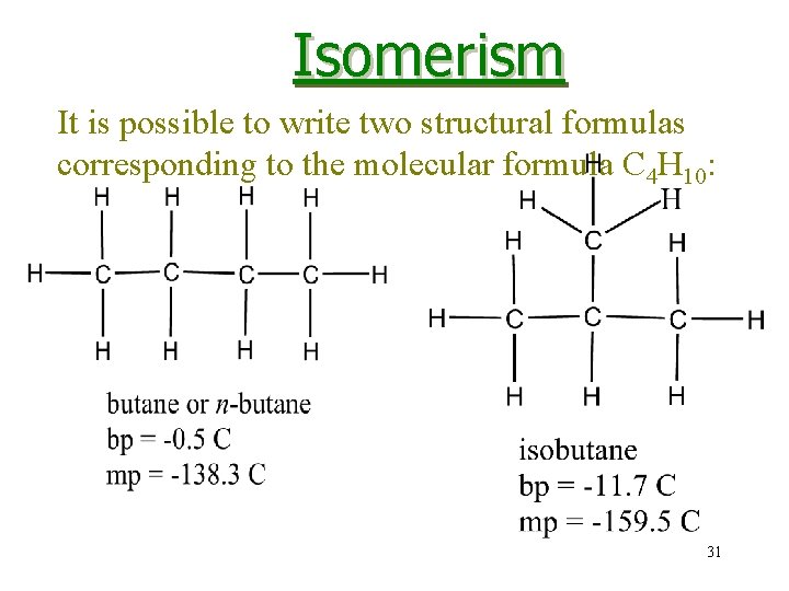 Isomerism It is possible to write two structural formulas corresponding to the molecular formula Isomerism It is possible to write two structural formulas corresponding to the molecular formula