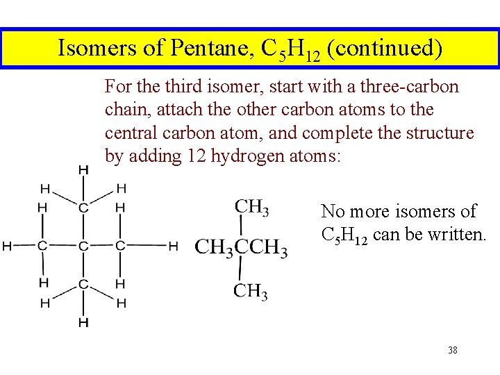 Isomers of Pentane, C 5 H 12 (continued) For the third isomer, start with Isomers of Pentane, C 5 H 12 (continued) For the third isomer, start with