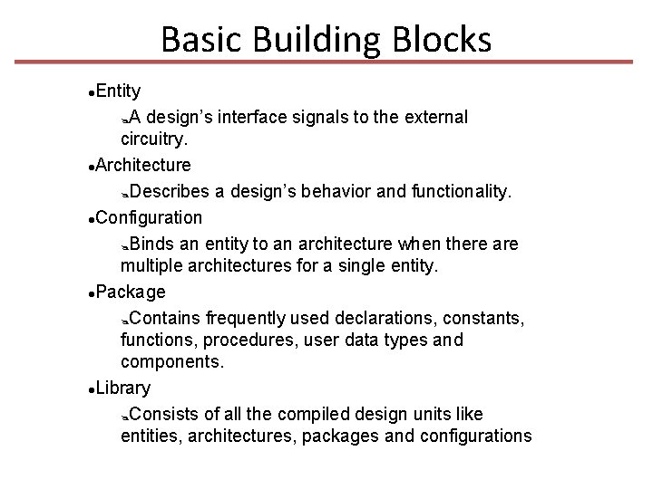 Basic Building Blocks Entity A design’s interface signals to the external circuitry. Architecture Describes