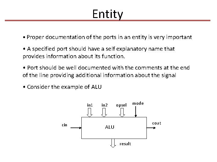 Entity • Proper documentation of the ports in an entity is very important •