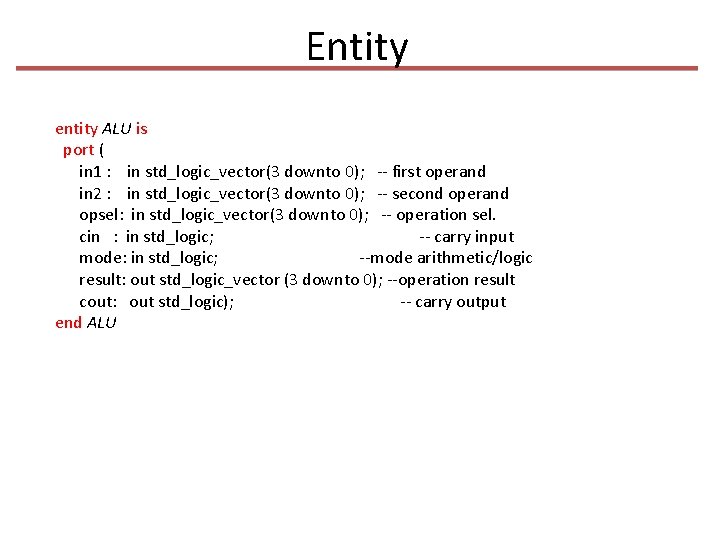 Entity entity ALU is port ( in 1 : in std_logic_vector(3 downto 0); --