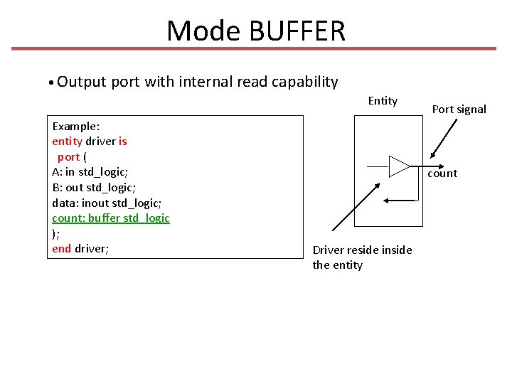 Mode BUFFER • Output port with internal read capability Entity Example: entity driver is