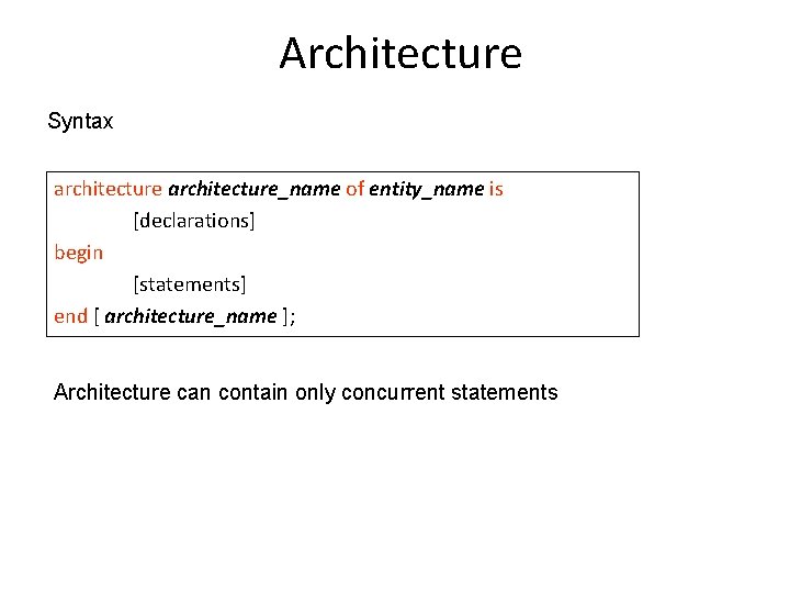Architecture Syntax architecture_name of entity_name is [declarations] begin [statements] end [ architecture_name ]; Architecture
