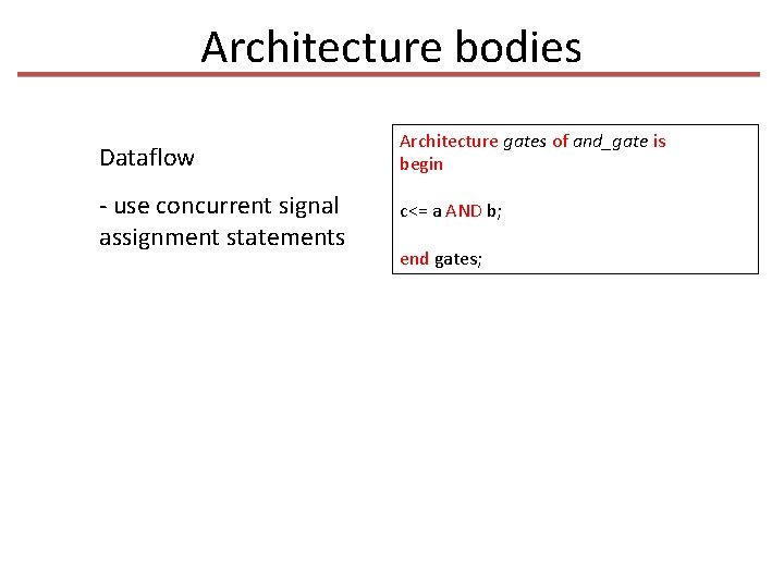 Architecture bodies Dataflow Architecture gates of and_gate is begin - use concurrent signal assignment