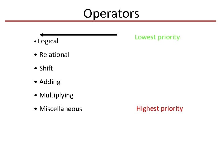 Operators • Logical Lowest priority • Relational • Shift • Adding • Multiplying •