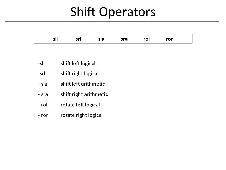 Shift Operators sll srl sla -sll shift left logical -srl shift right logical -