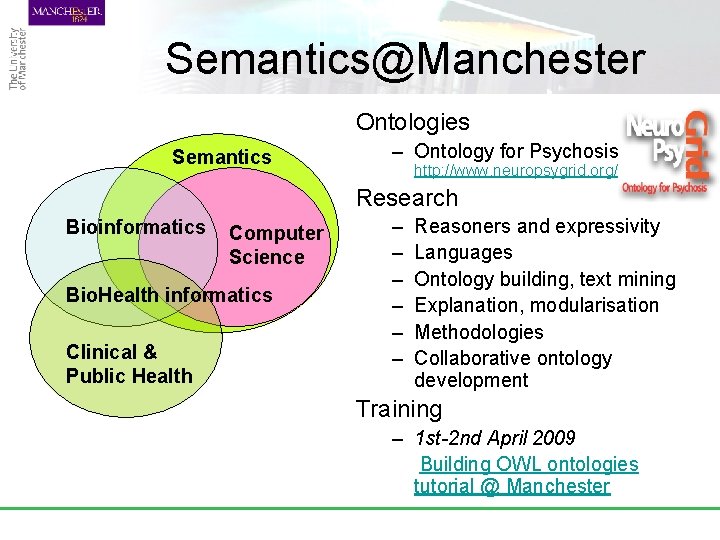 Semantics@Manchester Ontologies Semantics – Ontology for Psychosis http: //www. neuropsygrid. org/ Research Bioinformatics Computer