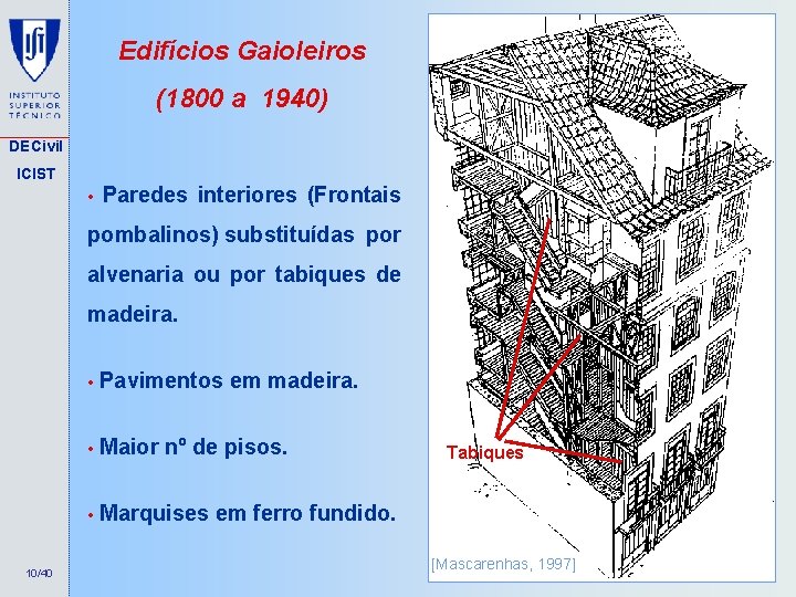 Edifícios Gaioleiros (1800 a 1940) DECivil ICIST • Paredes interiores (Frontais pombalinos) substituídas por