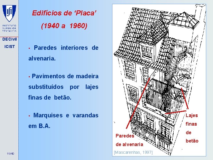 Edifícios de ‘Placa’ (1940 a 1960) DECivil ICIST • Paredes interiores de alvenaria. •