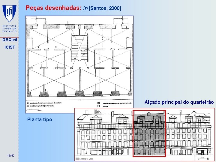 Peças desenhadas: in [Santos, 2000] DECivil ICIST Alçado principal do quarteirão Planta-tipo 13/40 