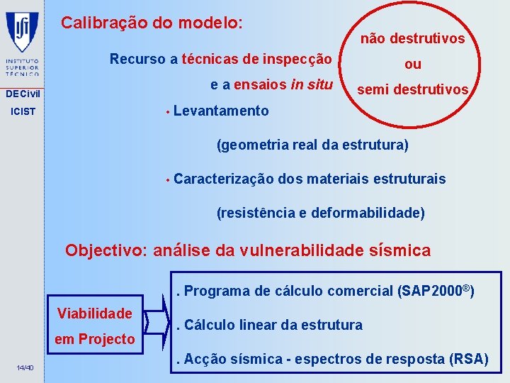 Calibração do modelo: não destrutivos Recurso a técnicas de inspecção e a ensaios in