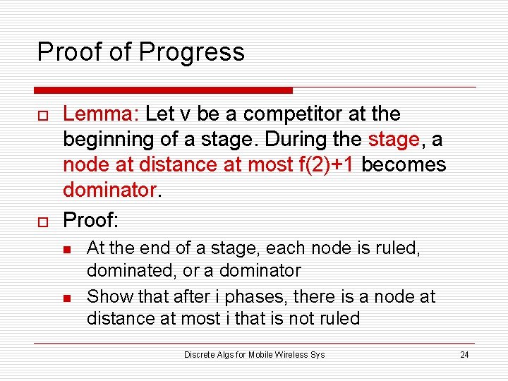 Proof of Progress o o Lemma: Let v be a competitor at the beginning
