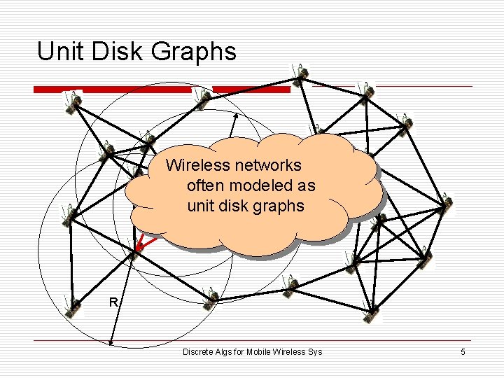 Unit Disk Graphs R Wireless networks often modeled as unit disk graphs R Discrete