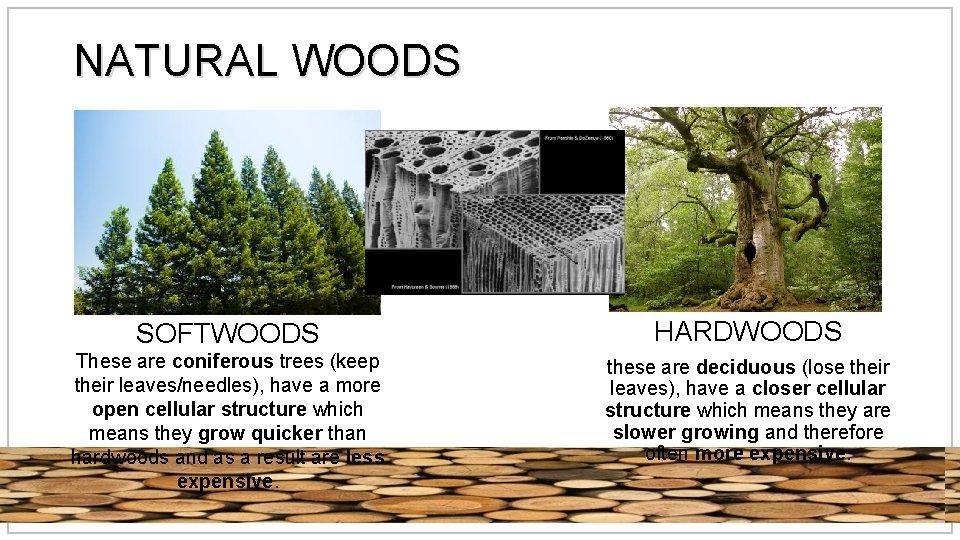 NATURAL WOODS SOFTWOODS HARDWOODS These are coniferous trees (keep their leaves/needles), have a more