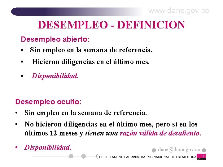 www. dane. gov. co DESEMPLEO - DEFINICION Desempleo abierto: • Sin empleo en la