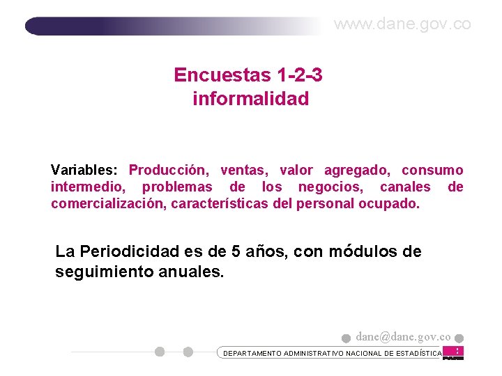 www. dane. gov. co Encuestas 1 -2 -3 informalidad Variables: Producción, ventas, valor agregado,