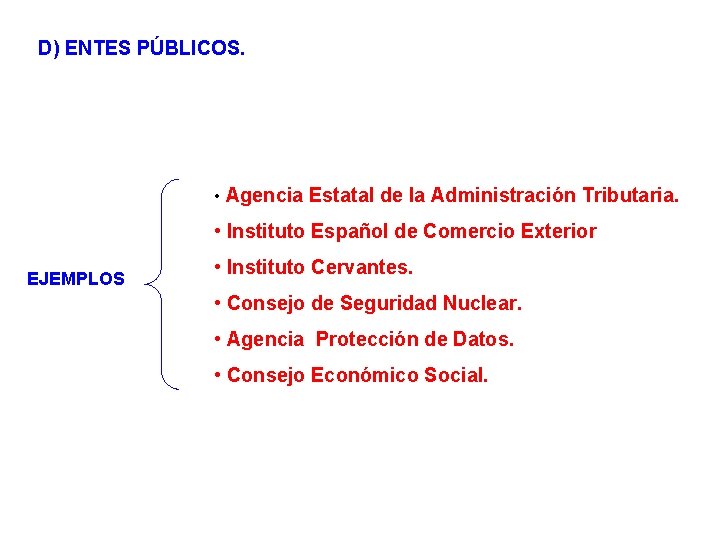 D) ENTES PÚBLICOS. • Agencia Estatal de la Administración Tributaria. • Instituto Español de
