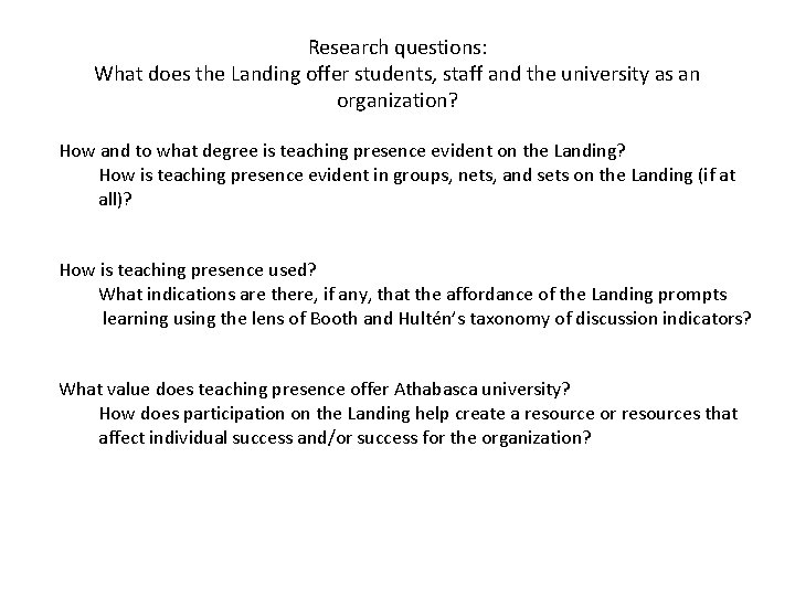 Research questions: What does the Landing offer students, staff and the university as an