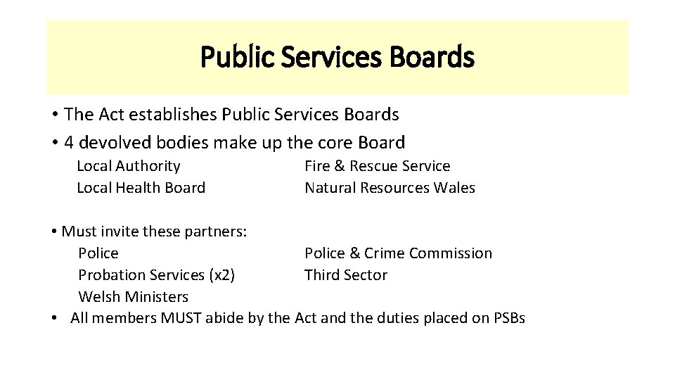 Public Services Boards • The Act establishes Public Services Boards • 4 devolved bodies