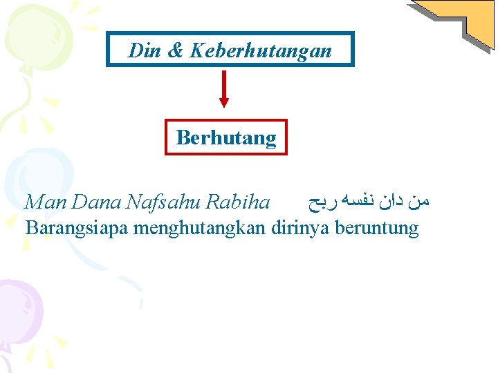 Din & Keberhutangan Berhutang Man Dana Nafsahu Rabiha ﺭﺑﺢ ﻧﻔﺴﻪ ﺩﺍﻥ ﻣﻦ Barangsiapa menghutangkan
