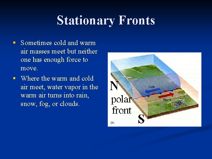 Stationary Fronts § Sometimes cold and warm air masses meet but neither one has