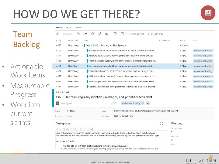 HOW DO WE GET THERE? Team Backlog • Actionable Work Items • Measureable Progress