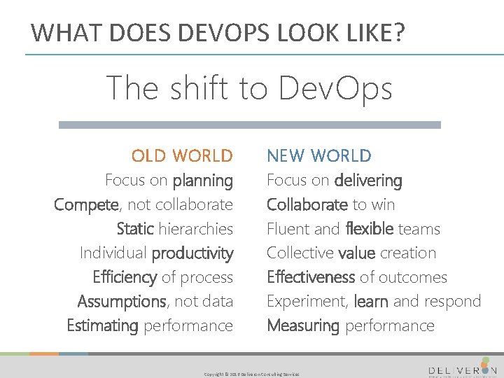 WHAT DOES DEVOPS LOOK LIKE? The shift to Dev. Ops OLD WORLD Focus on