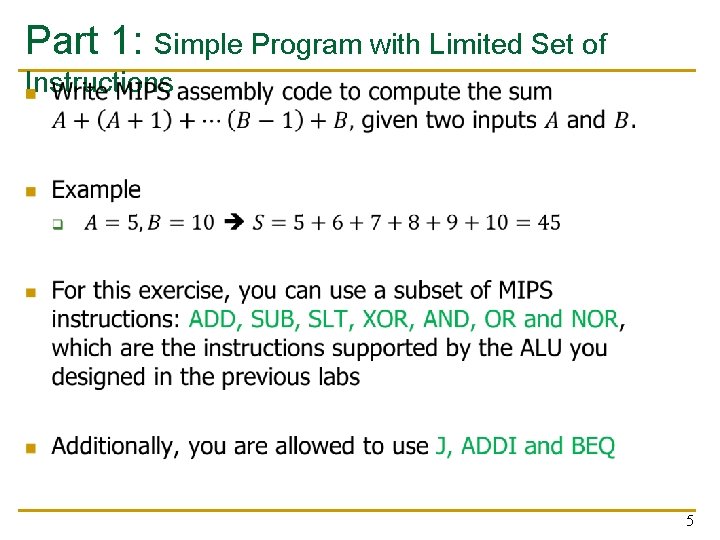 Part 1: Simple Program with Limited Set of Instructions n 5 