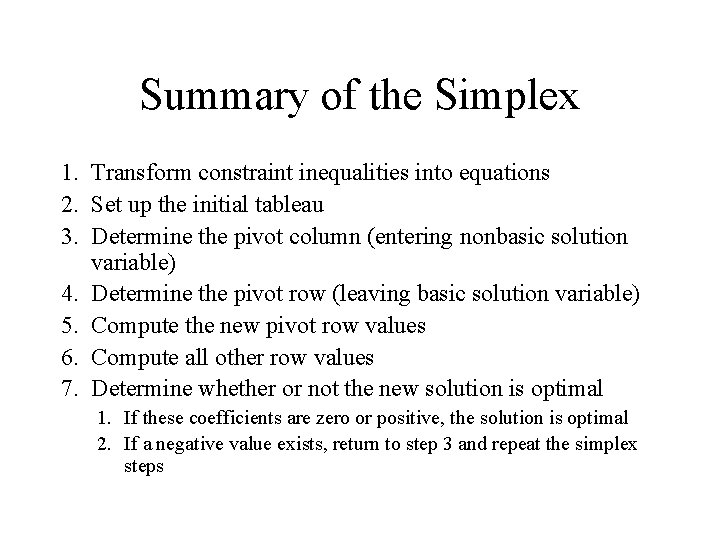 Summary of the Simplex 1. Transform constraint inequalities into equations 2. Set up the