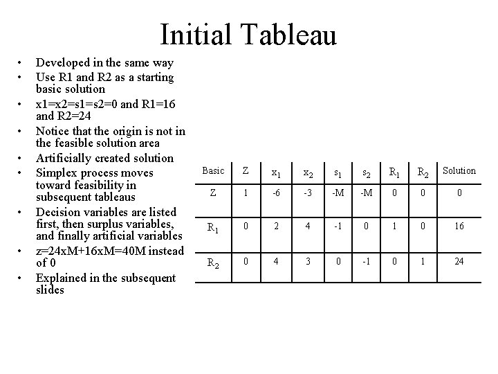 Initial Tableau • • • Developed in the same way Use R 1 and
