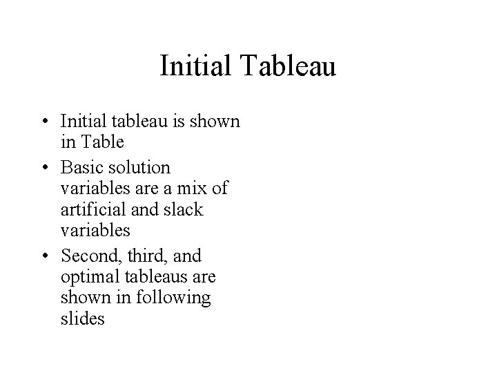 Initial Tableau • Initial tableau is shown in Table • Basic solution variables are