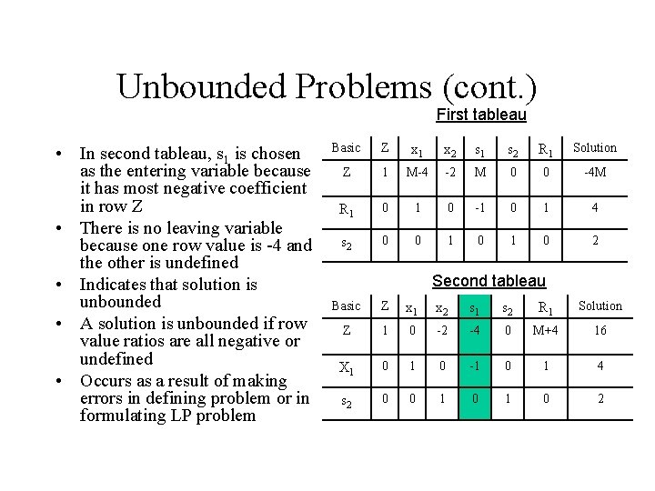 Unbounded Problems (cont. ) First tableau • In second tableau, s 1 is chosen